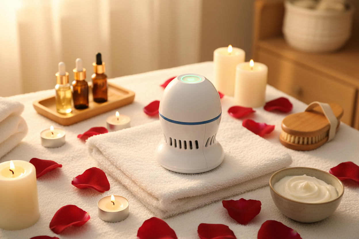 Glowvera Vacuum Callus Remover lifestyle shot on soft towel with spa accessories