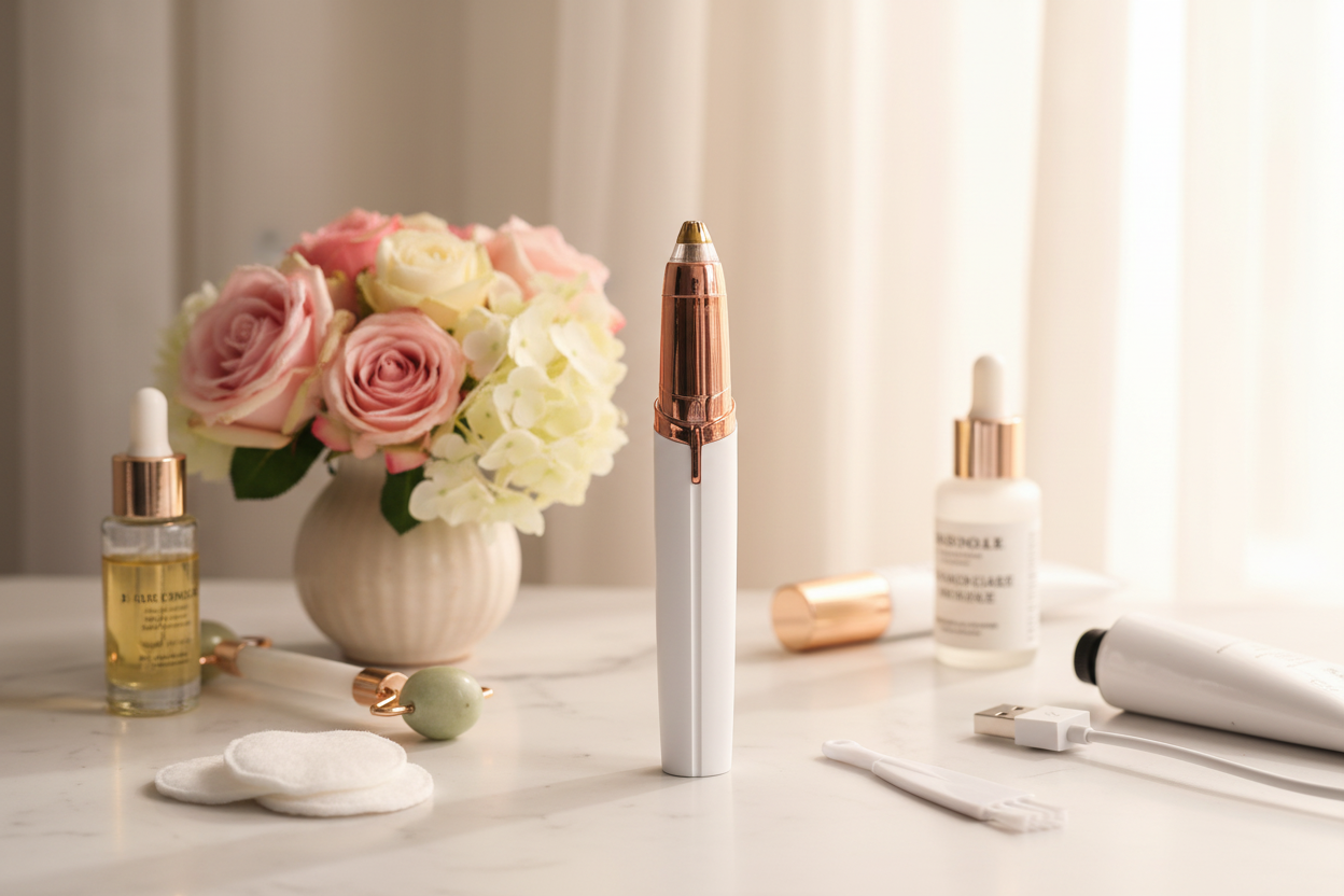 Glowvera Eyebrow Trimmer lifestyle shot on marble surface with beauty accessories